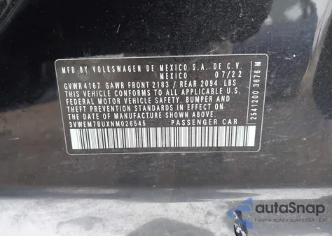 2022 Volkswagen Jetta 1.5T Se from USA, damaged, VIN 3VWEM7BUXNM026545